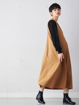 マタニティ ワンピース|Vネックポンチフレアージャンパースカート　マタニティ・授乳服【出産後も長く使える】|キャメル
