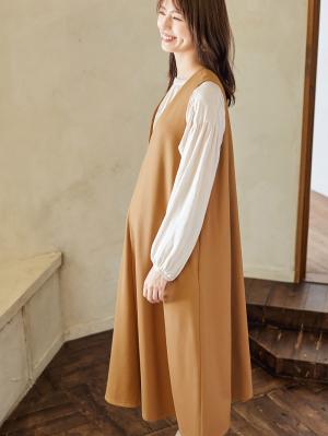 マタニティ ワンピース|Vネックポンチフレアージャンパースカート　マタニティ・授乳服【出産後も長く使える】|キャメル