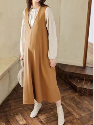 マタニティ ワンピース|Vネックポンチフレアージャンパースカート　マタニティ・授乳服【出産後も長く使える】|キャメル