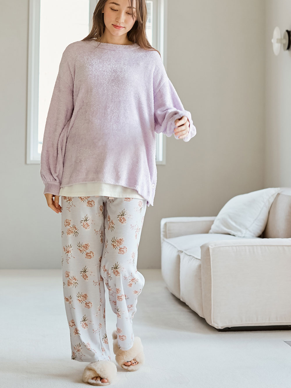 マタニティ トップス|ふんわりフェザーニットサイドボタンプルオーバー　マタニティ・授乳服【出産後も長く使える】|ラベンダー