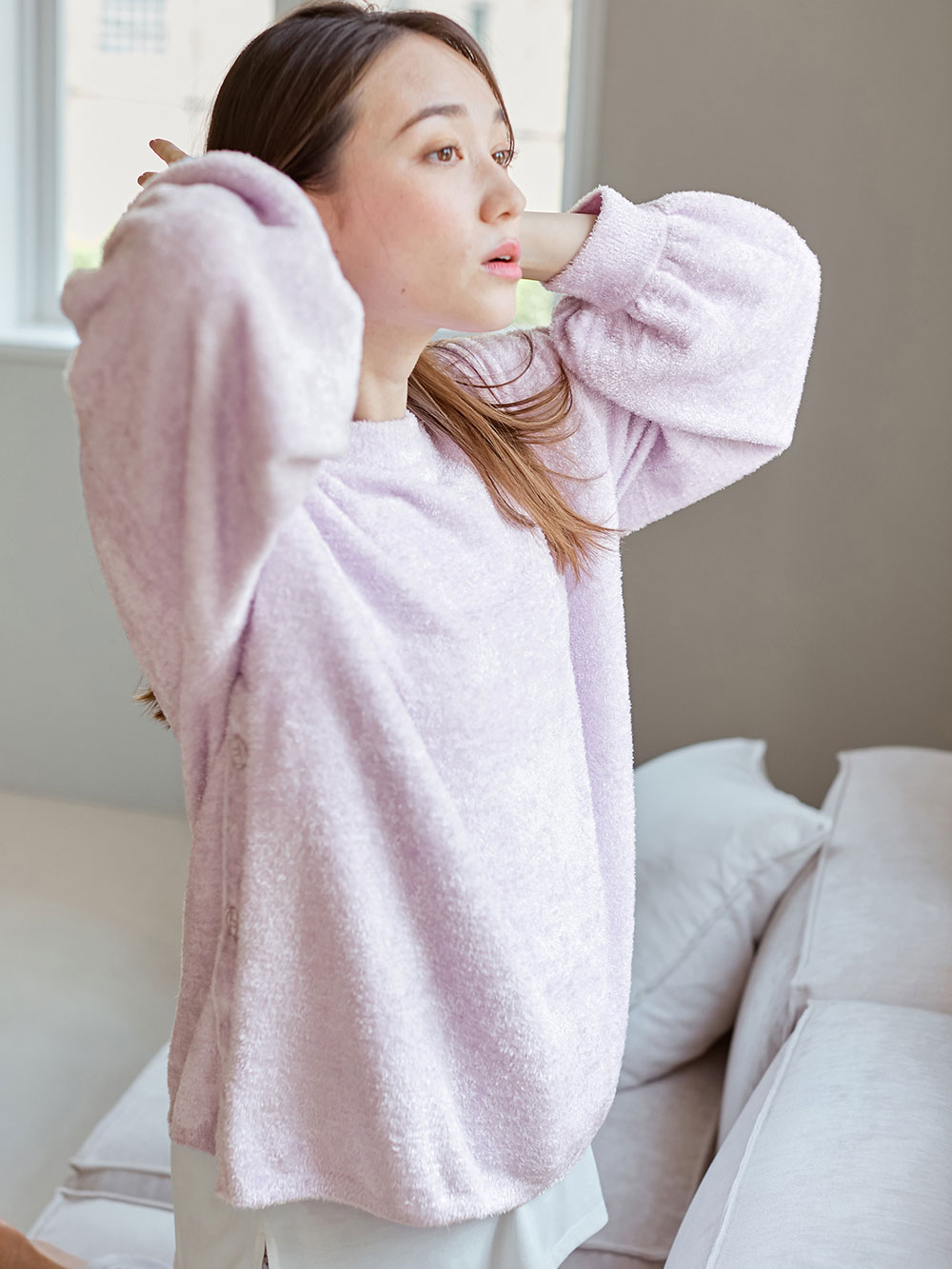 マタニティ トップス|ふんわりフェザーニットサイドボタンプルオーバー　マタニティ・授乳服【出産後も長く使える】|ラベンダー