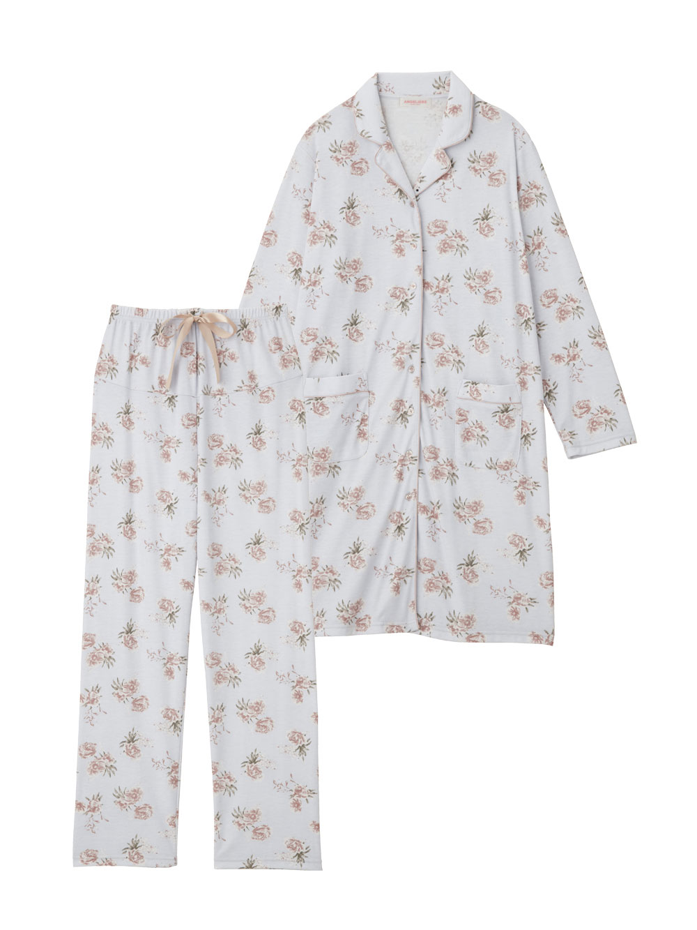 マタニティ パジャマ・ルームウェア|マタニティ期から産後まで使える 快適シームレステーラードスムースパジャマ 親子コーデ 産院推奨 ポケット付 授乳しやすい 産前・産後 セット商品 洗濯機OK/ネット使用OK|サックス×プリント