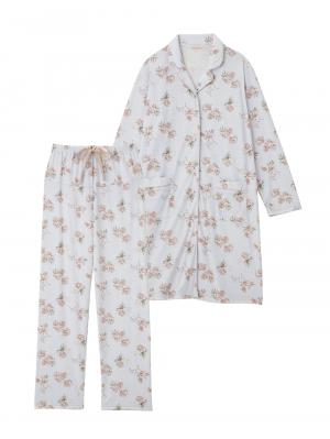 マタニティ パジャマ・ルームウェア|マタニティ期から産後まで使える 快適シームレステーラードスムースパジャマ 親子コーデ 産院推奨 ポケット付 授乳しやすい 産前・産後 セット商品 洗濯機OK/ネット使用OK|サックス×プリント