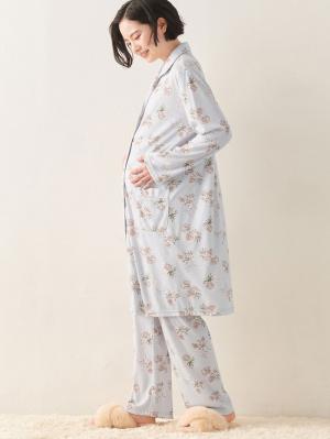 マタニティ パジャマ・ルームウェア|マタニティ期から産後まで使える 快適シームレステーラードスムースパジャマ 親子コーデ 産院推奨 ポケット付 授乳しやすい 産前・産後 セット商品 洗濯機OK/ネット使用OK|サックス×プリント