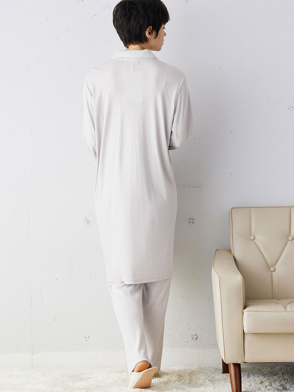 マタニティ パジャマ・ルームウェア|マタニティ期から産後まで使える 快適シームレステーラードスムースパジャマ 親子コーデ 産院推奨 ポケット付 授乳しやすい 産前・産後 セット商品 洗濯機OK/ネット使用OK|ペールグレー