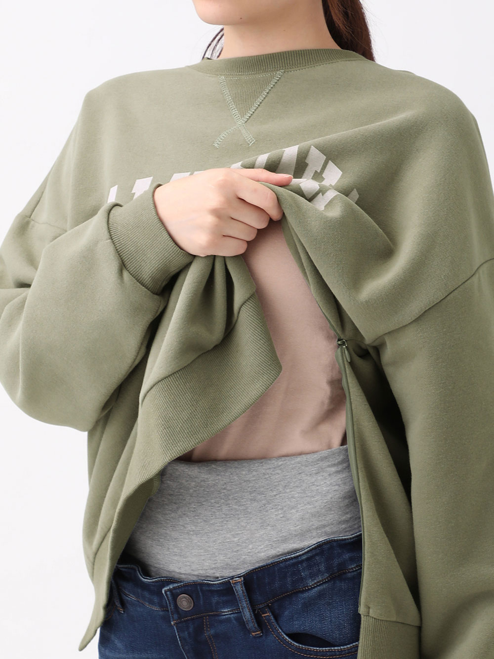 マタニティ トップス|ミニ裏毛裏起毛ボリュームスリーブロゴBIGスウェット　マタニティ・授乳服【出産後も長く使える】