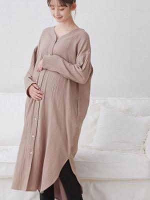 マタニティ パジャマ・ルームウェア|【セット】ぷくぷくダブルガーゼVネックワンピ&産前産後使えるレギンスパジャマ マタニティ・授乳パジャマ【親子コーデ可】|モカブラウン