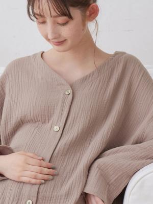 マタニティ パジャマ・ルームウェア|【セット】ぷくぷくダブルガーゼVネックワンピ&産前産後使えるレギンスパジャマ マタニティ・授乳パジャマ【親子コーデ可】|モカブラウン