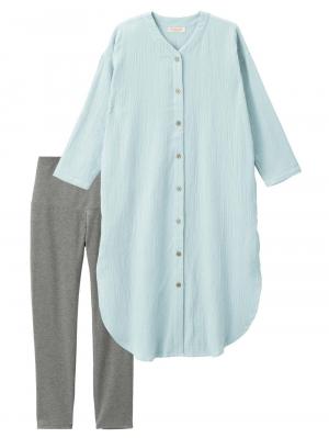 【セット】ぷくぷくダブルガーゼＶネックワンピ＆産前産後使えるレギンスパジャマ　マタニティ・授乳パジャマ【親子コーデ可】 10109