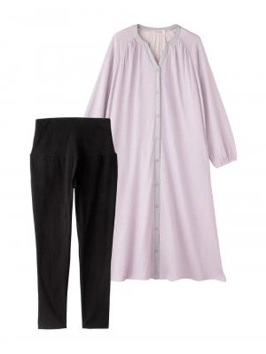 マタニティ パジャマ・ルームウェア|接結ガーゼスリットネック前開きワンピース×産後も使えるレギンスパジャマ　マタニティ・授乳パジャマ|ラベンダー