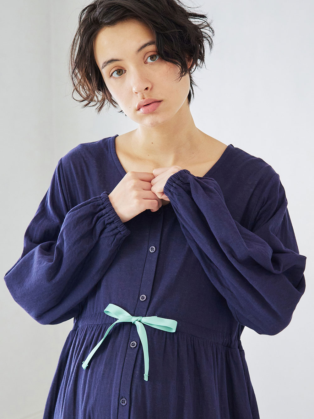 マタニティ パジャマ・ルームウェア|接結ガーゼティアードリラックスネグリジェ|ネイビー