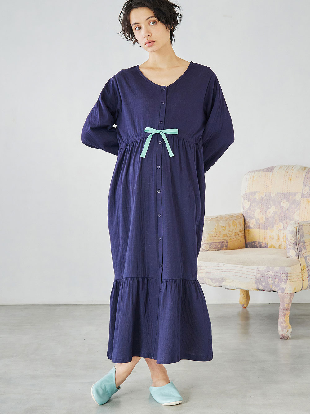 マタニティ パジャマ・ルームウェア|接結ガーゼティアードリラックスネグリジェ|ネイビー