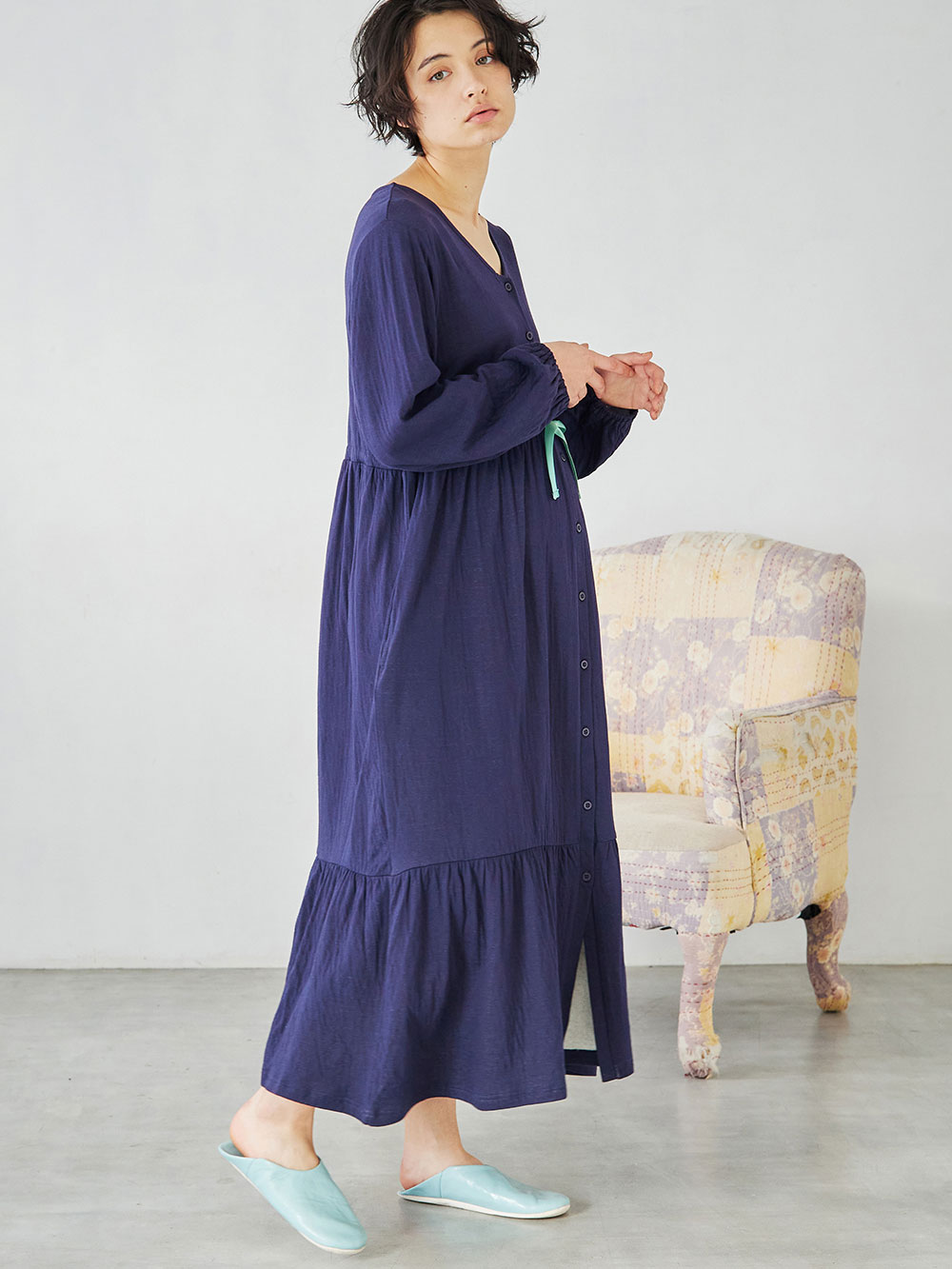 マタニティ パジャマ・ルームウェア|接結ガーゼティアードリラックスネグリジェ|ネイビー