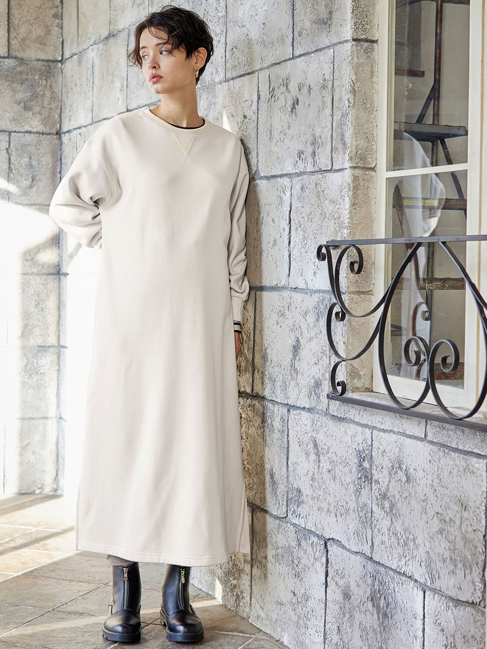 マタニティ ワンピース|【極暖】裏シャギーあったかワイドマキシワンピース　マタニティ・授乳服【出産後も長く使える】|アイスベージュ