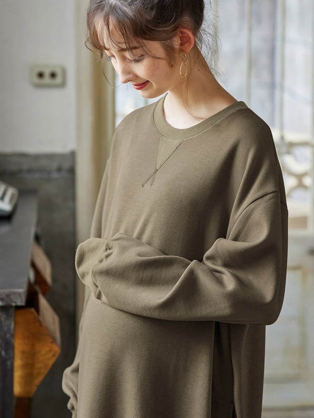 マタニティ ワンピース|【極暖】裏シャギーあったかワイドマキシワンピース　マタニティ・授乳服【出産後も長く使える】|カーキ