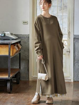 マタニティ ワンピース|【極暖】裏シャギーあったかワイドマキシワンピース　マタニティ・授乳服【出産後も長く使える】|カーキ