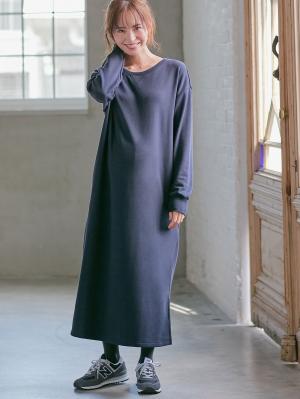 マタニティ ワンピース|【極暖】裏シャギーあったかワイドマキシワンピース　マタニティ・授乳服【出産後も長く使える】|ネイビー