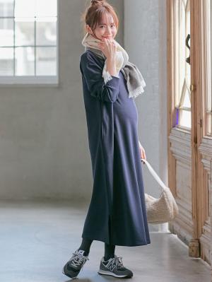 マタニティ ワンピース|【極暖】裏シャギーあったかワイドマキシワンピース　マタニティ・授乳服【出産後も長く使える】|ネイビー