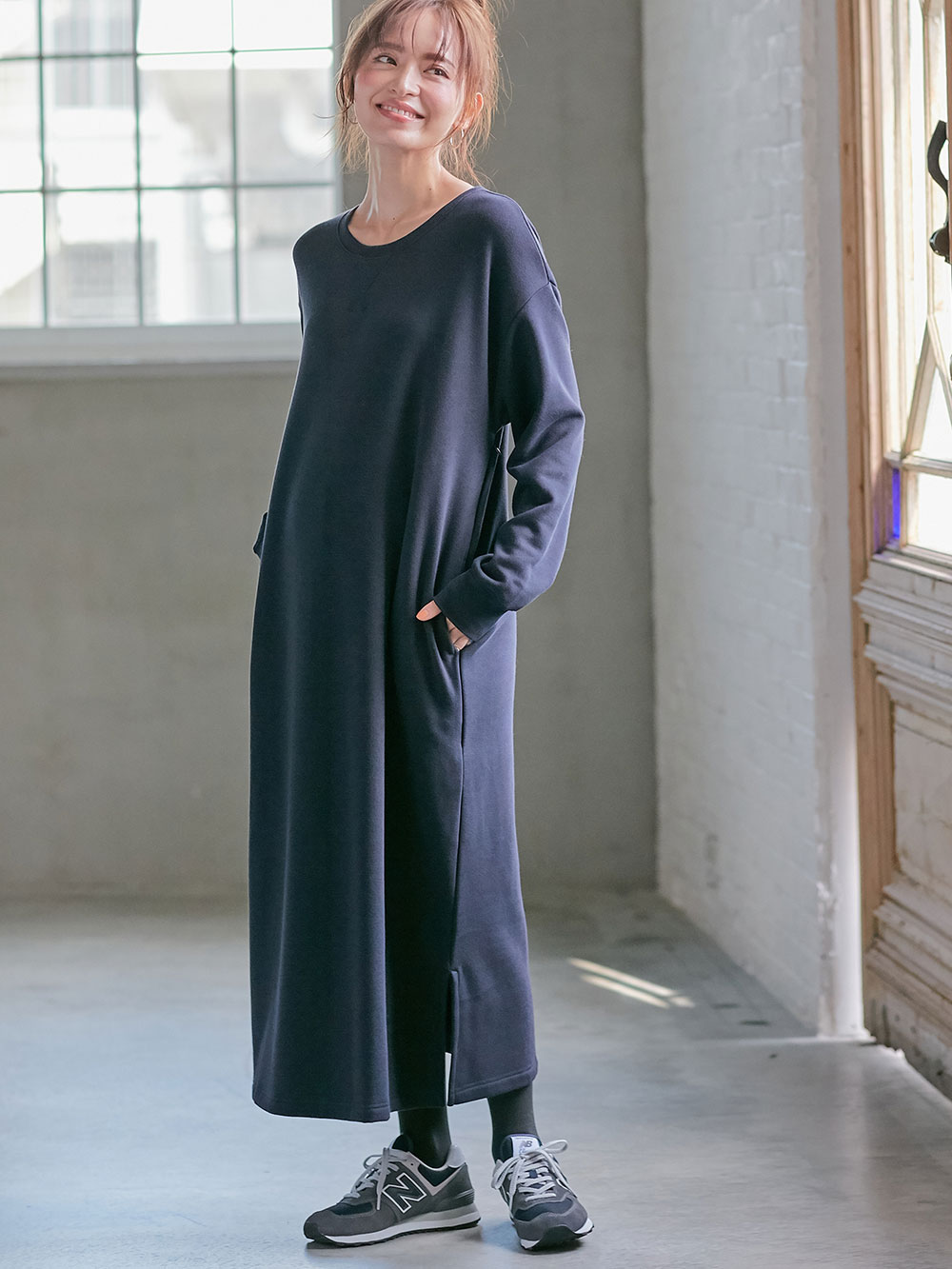 マタニティ ワンピース|【極暖】裏シャギーあったかワイドマキシワンピース　マタニティ・授乳服【出産後も長く使える】|ネイビー