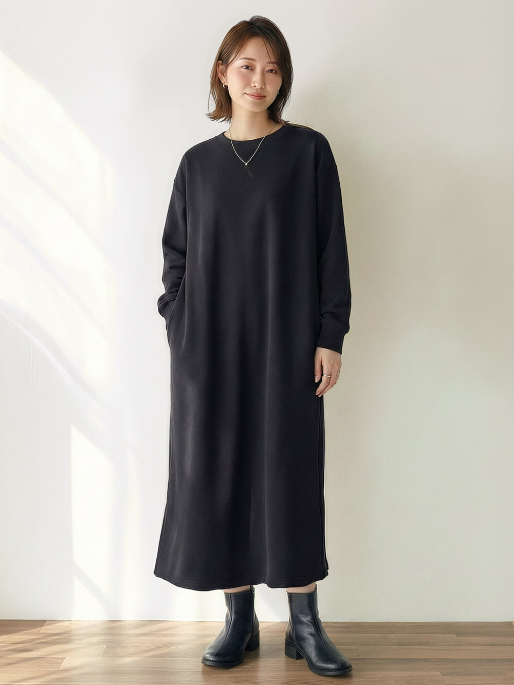 マタニティ ワンピース|【極暖】裏シャギーあったかワイドマキシワンピース　マタニティ・授乳服【出産後も長く使える】|ブラック