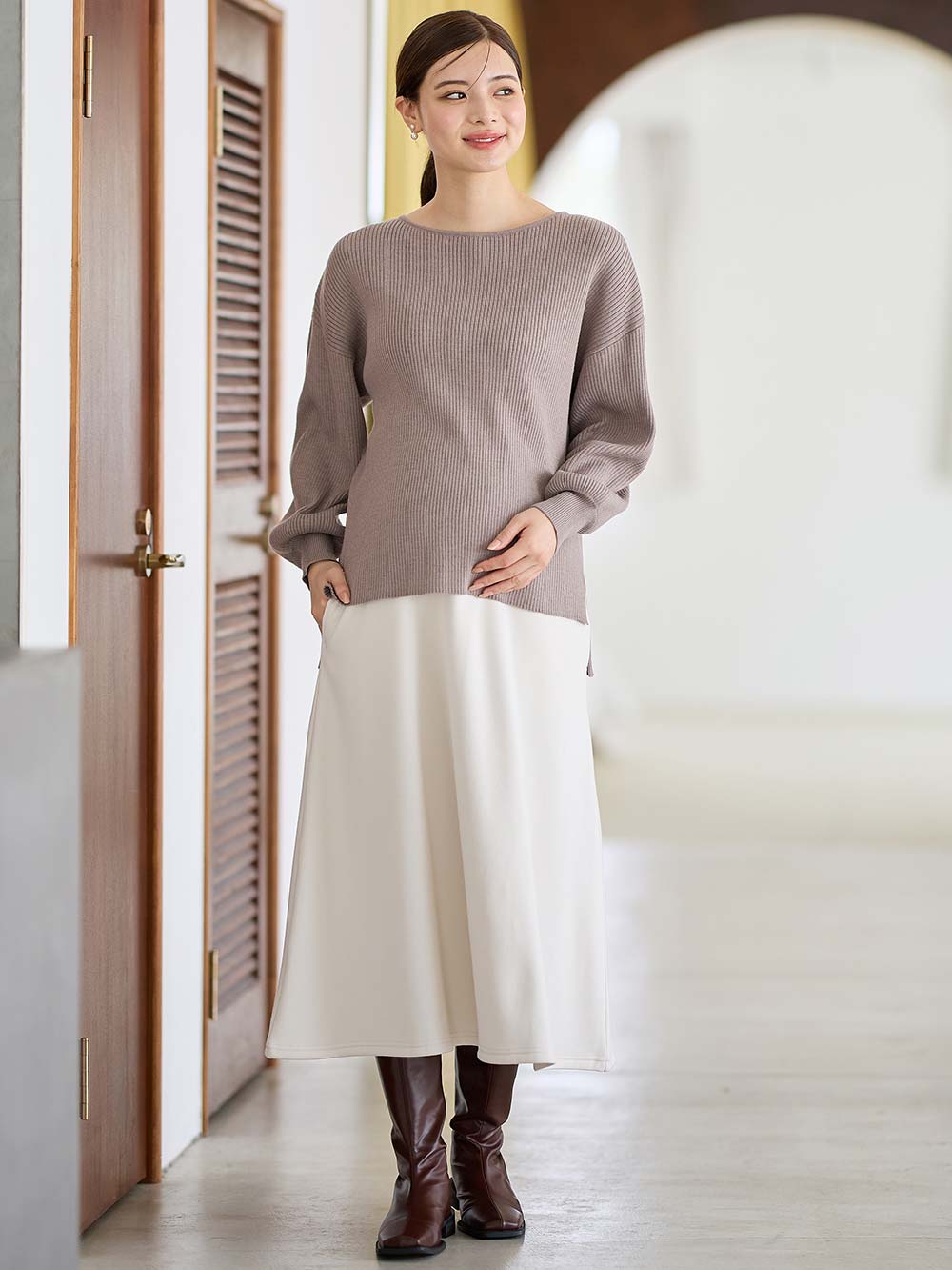 マタニティ スカート|【極暖】裏シャギーあったかフレアスカート　マタニティ・授乳服【出産後も長く使える】|アイスベージュ