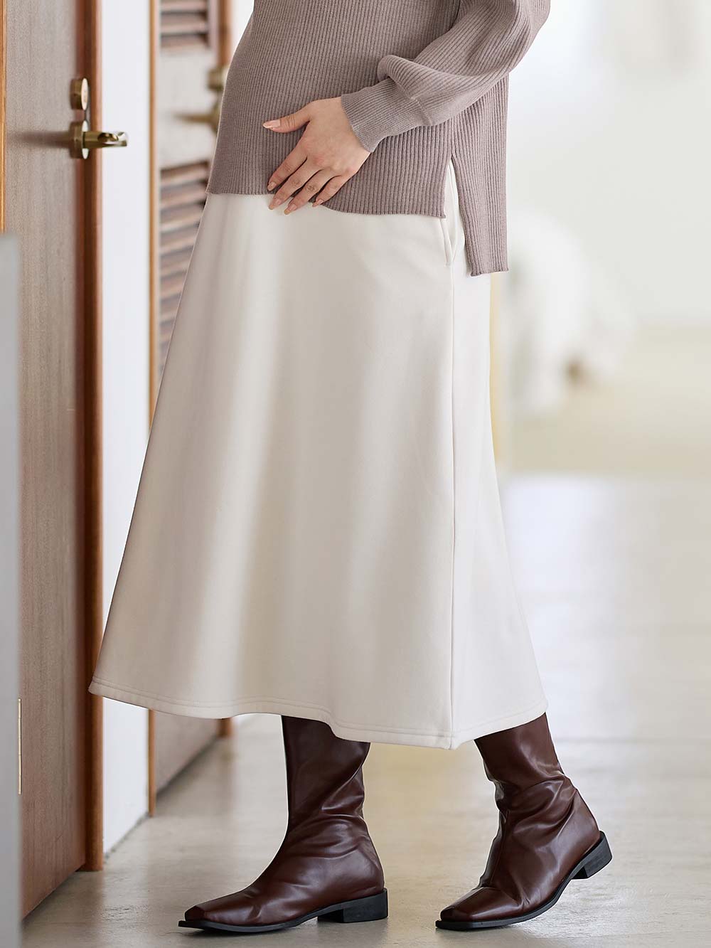 マタニティ スカート|【極暖】裏シャギーあったかフレアスカート　マタニティ・授乳服【出産後も長く使える】|アイスベージュ