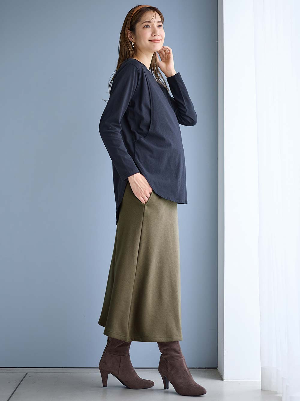 マタニティ スカート|【極暖】裏シャギーあったかフレアスカート　マタニティ・授乳服【出産後も長く使える】|カーキ