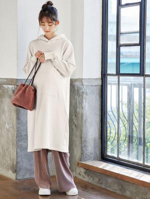 マタニティ ワンピース|【極暖】裏シャギーパーカーあったかワンピース　マタニティ・授乳服|アイスベージュ