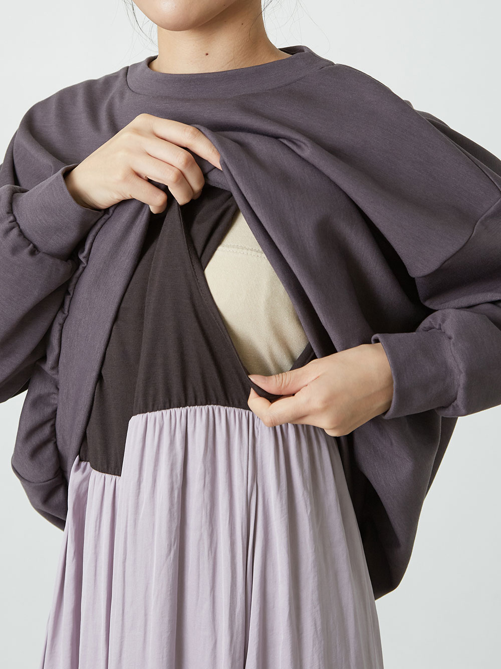 マタニティ ワンピース|ポンチ裏起毛トップス&ヴィンテージサテンスカートドッキングワンピース　マタニティ・授乳服