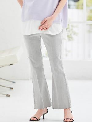 マタニティ パンツ|ain（アイン）センタープレスデニムフレアパンツ　マタニティ・産後【出産後も長く使える】|グレー