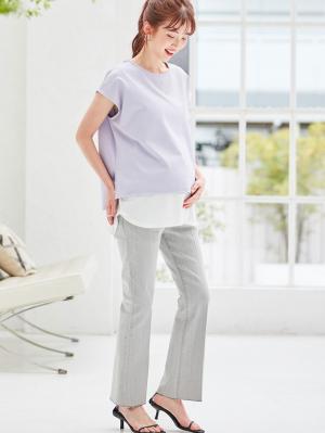 マタニティ パンツ|ain（アイン）センタープレスデニムフレアパンツ　マタニティ・産後【出産後も長く使える】|グレー