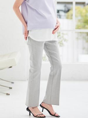 マタニティ パンツ|ain（アイン）センタープレスデニムフレアパンツ　マタニティ・産後【出産後も長く使える】|グレー