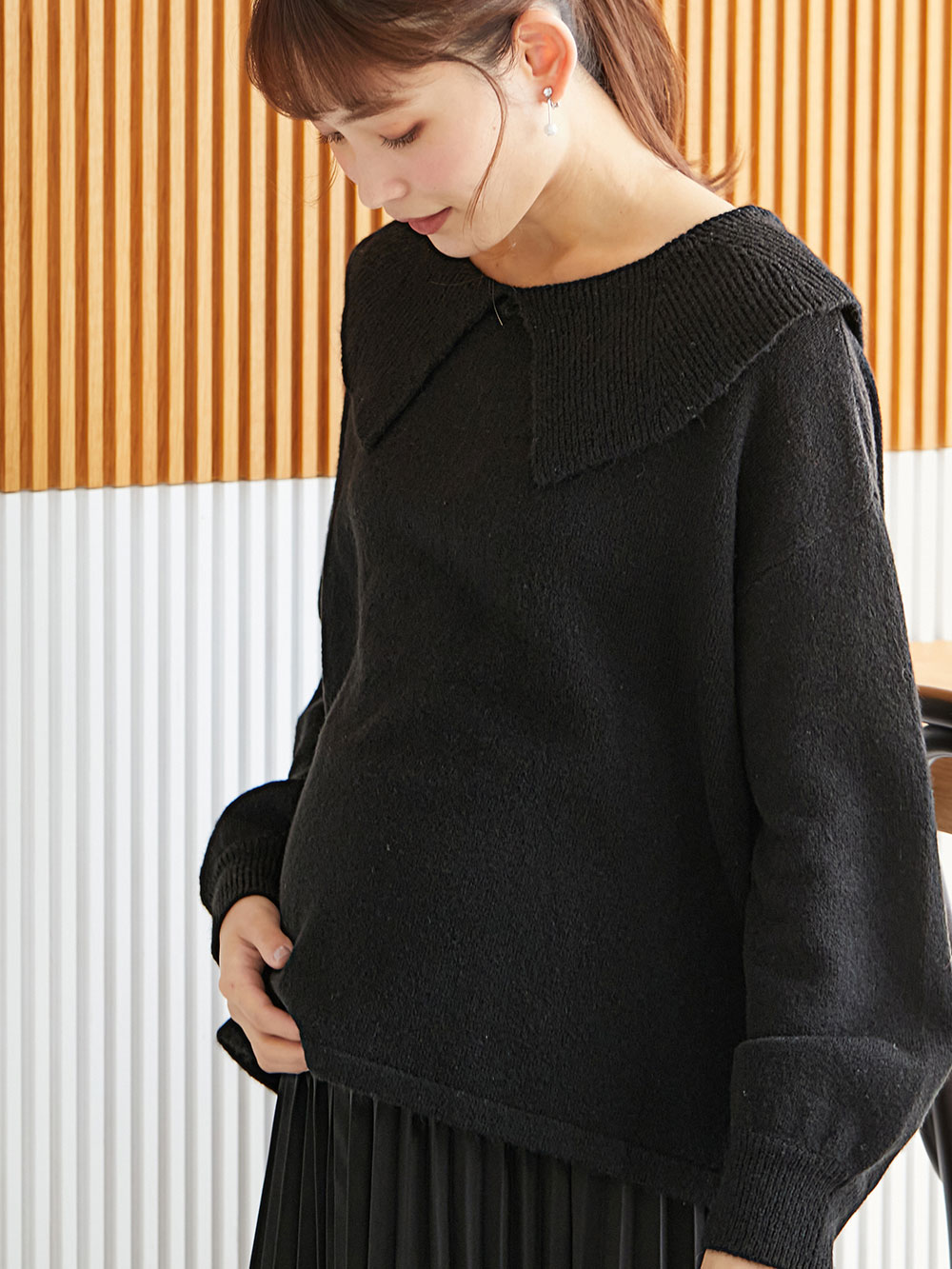 マタニティ トップス|ビックカラーエアリーニット　マタニティ・授乳服【出産後も長く使える】|ブラック