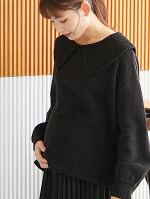 マタニティ トップス|ビックカラーエアリーニット　マタニティ・授乳服【出産後も長く使える】|ブラック