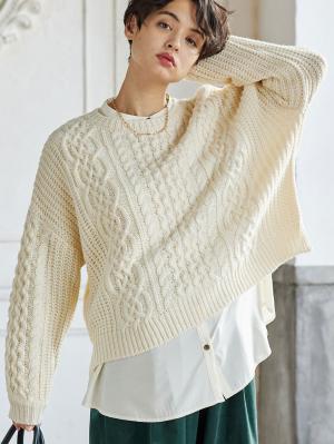 マタニティ トップス|ボリュームスリーブアランニットトップス　マタニティ・授乳服|アイボリー