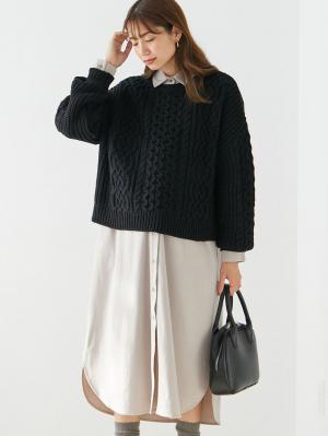 マタニティ トップス|ボリュームスリーブアランニットトップス　マタニティ・授乳服|ブラック