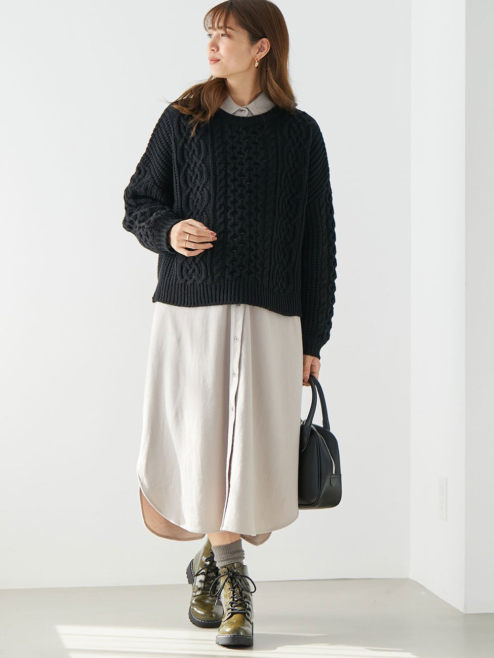 マタニティ トップス|ボリュームスリーブアランニットトップス　マタニティ・授乳服|ブラック