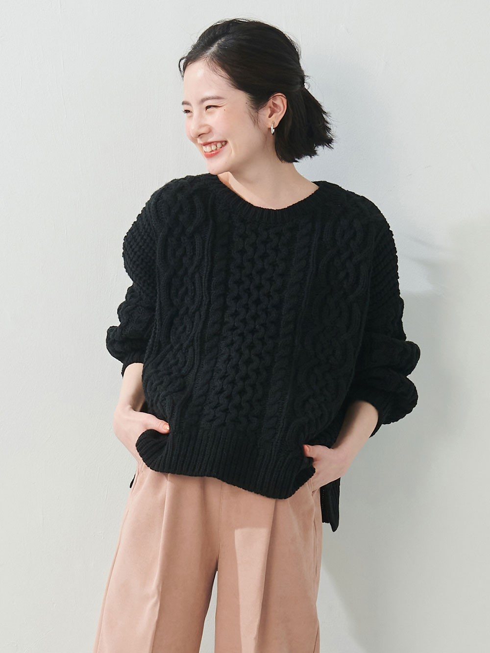 マタニティ トップス|ボリュームスリーブアランニットトップス　マタニティ・授乳服|ブラック