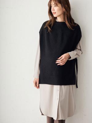 マタニティ トップス|ノルディック柄授乳にも便利なニットベスト　マタニティ・授乳服|ブラック無地