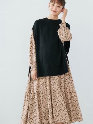 マタニティ トップス|ノルディック柄授乳にも便利なニットベスト　マタニティ・授乳服|ブラック無地