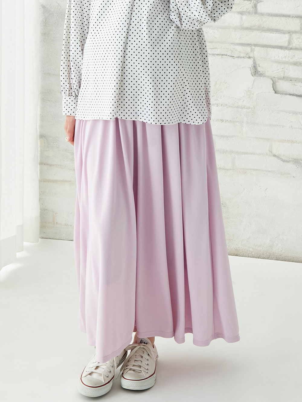 マタニティ スカート|ain（アイン）　エステル布帛見えロングスカート【出産後も長く使える】|ラベンダー