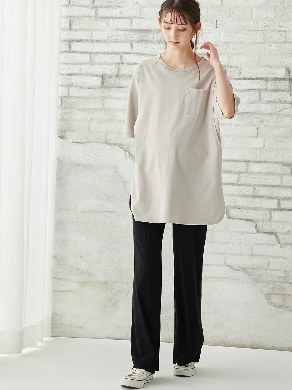 マタニティ パンツ・サロペット | 【出産後も長く使える】ain（アイン） セルフカットできるリブフレアパンツ ｜マタニティウェア・授乳服通販｜  エンジェリーベ 公式
