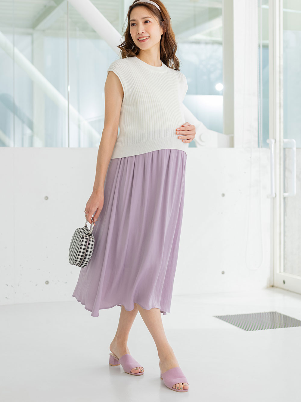 ain(アイン)リブニット×ヴィンテージサテンドッキングワンピ マタニティ・授乳服【出産後も長く使える】 マタニティ ワンピース(品番:10162) |マタニティウェア・授乳服通販| エンジェリーベ 公式