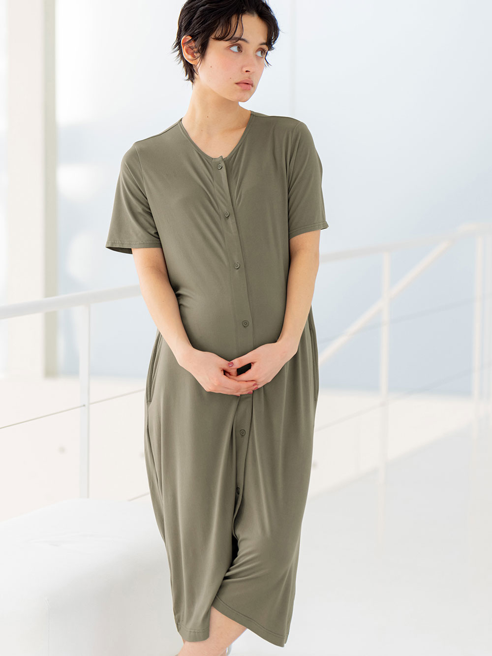 マタニティ パジャマ・ルームウェア|fairy（フェアリー）便利な2WAYワンピース（半袖タイプ）　マタニティ・授乳服|カーキ