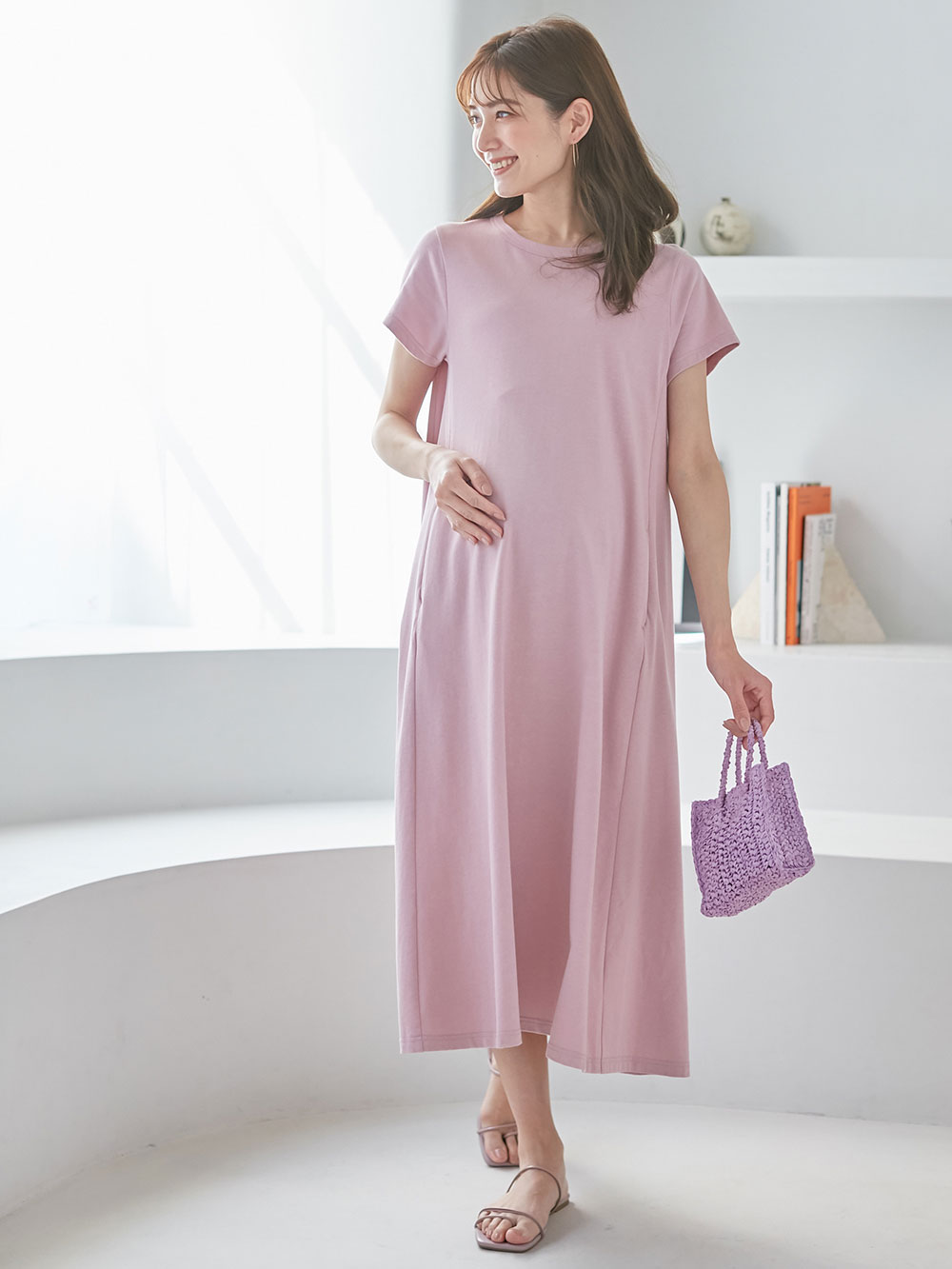 マタニティ ワンピース|Aライン半袖ワンピース（レギュラー丈）　マタニティ・授乳服【出産後も長く使える】|モーヴ