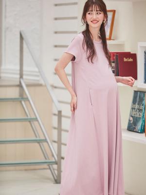 マタニティ ワンピース|Aライン半袖ワンピース（ロング丈）　マタニティ・授乳服【出産後も長く使える】|モーヴ
