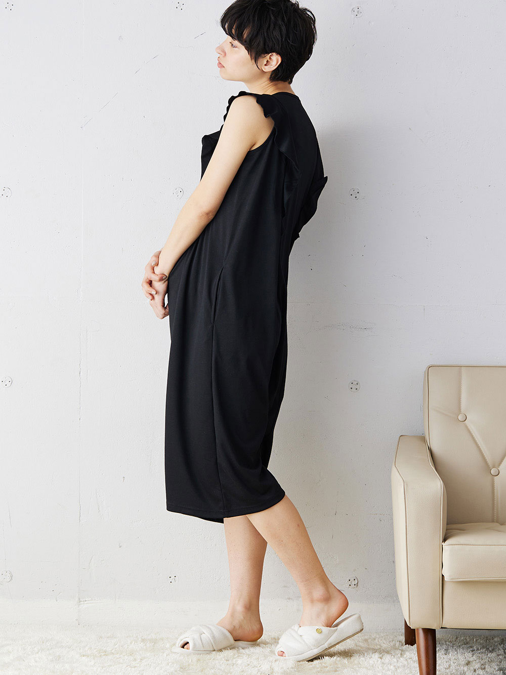 マタニティ パジャマ・ルームウェア|ラッフルスリーブ2WAYネグリジェ　マタニティ・授乳パジャマ|ブラック