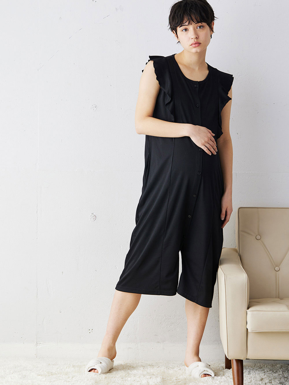 マタニティ パジャマ・ルームウェア|ラッフルスリーブ2WAYネグリジェ　マタニティ・授乳パジャマ|ブラック