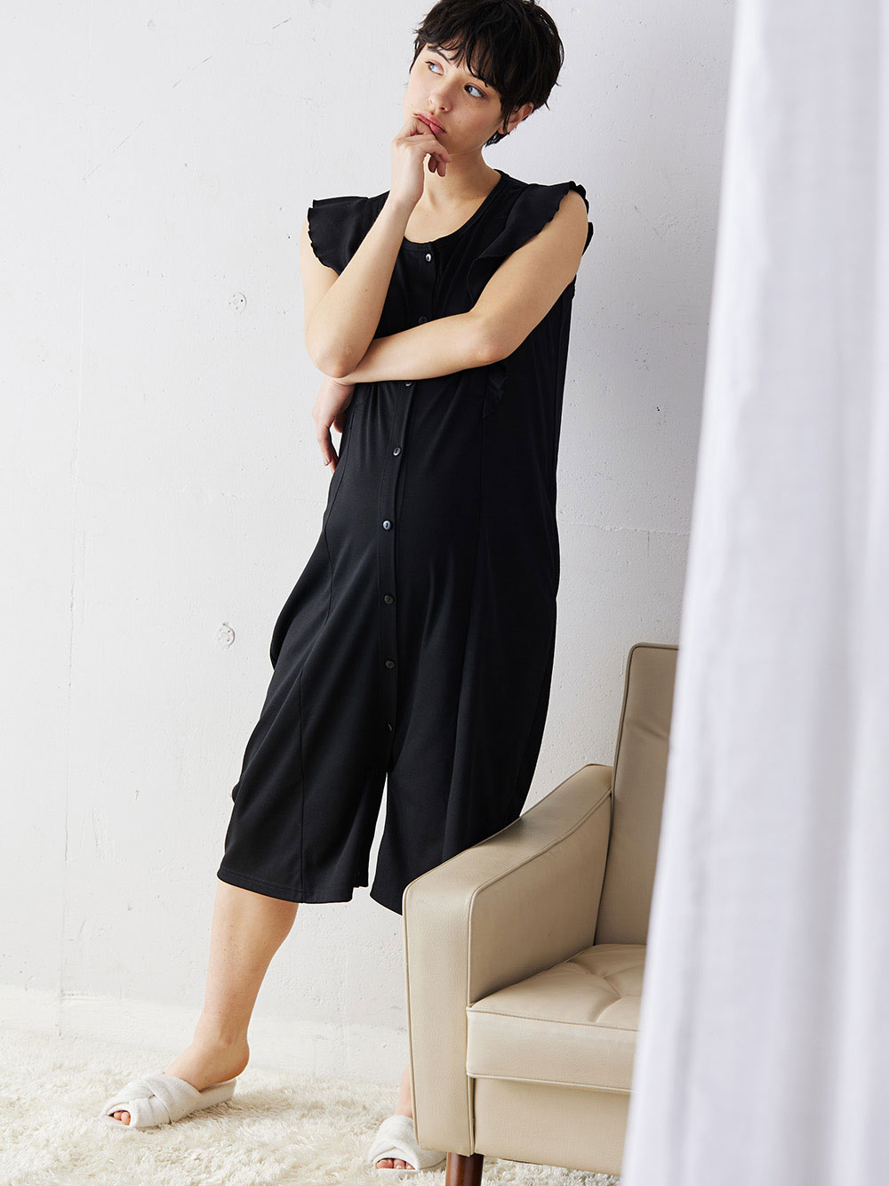 マタニティ パジャマ・ルームウェア|ラッフルスリーブ2WAYネグリジェ　マタニティ・授乳パジャマ|ブラック