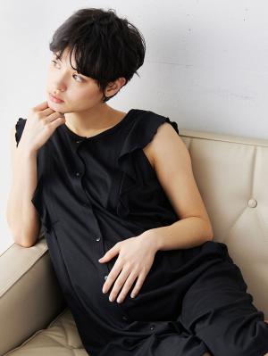 マタニティ パジャマ・ルームウェア|ラッフルスリーブ2WAYネグリジェ　マタニティ・授乳パジャマ|ブラック